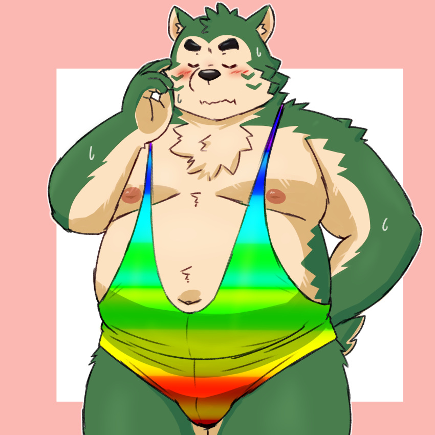 anthro belly blush canid canine canis clothing domestic_dog embarrassed eyebrows fur green_body green_fur hi_res lifewonders live_a_hero male mammal mokdai navel nipples overweight shirt solo tank_top thick_eyebrows topwear yaki_atsuage