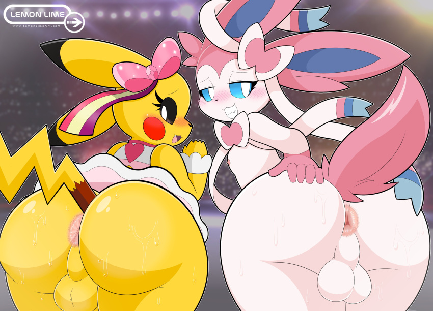 2023 absurd_res anthro anus backsack balls bedroom_eyes blue_inner_ear blush blush_lines bodily_fluids bottomwear bow_(anatomy) bow_accessory butt clothed clothing cosplay_pikachu_(costume) crossdressing crowd dipstick_ears duo eeveelution fur generation_1_pokemon generation_6_pokemon genitals group hand_on_butt hi_res lemonlime long_ears looking_back male multicolored_body multicolored_ears multicolored_fur narrowed_eyes nintendo nipples open_mouth pikachu pikachu_pop_star pink_tail pokemon pokemon_(species) presenting presenting_anus presenting_hindquarters ribbons ribbons_(anatomy) seductive skirt smile spread_butt spreading sweat sweaty_butt sylveon tail white_body white_fur yellow_body yellow_fur yellow_tail