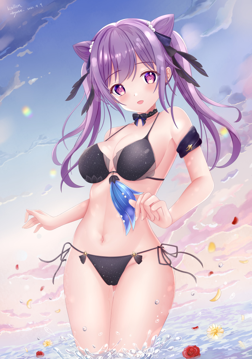 1girl absurdres armband artist_name bikini black_bikini black_choker black_ribbon blue_sky bow_choker breasts chinese_commentary choker cloud cloudy_sky commentary_request cone_hair_bun cowboy_shot dated day double_bun flower genshin_impact gradient_sky hair_bun hair_ribbon halterneck highres kallen_ayase keqing_(genshin_impact) long_hair looking_at_viewer medium_breasts navel ocean open_mouth outdoors petals pink_sky purple_eyes purple_hair ribbon side-tie_bikini_bottom signature sky smile solo standing swimsuit twintails wading water water_drop wet