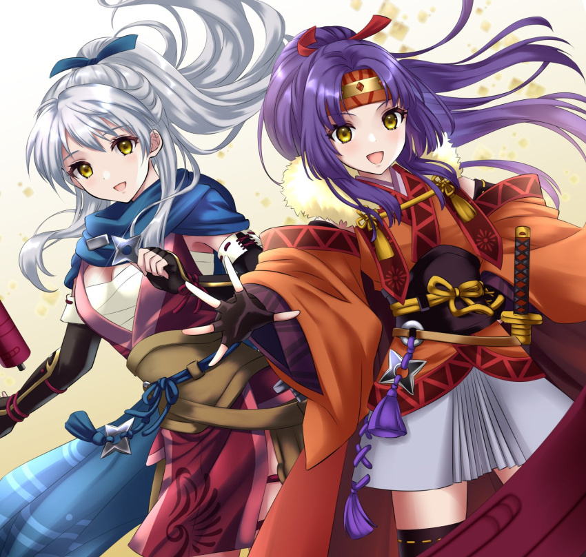 2girls :d bandages black_gloves blue_scarf breasts chest_sarashi commentary_request fingerless_gloves fire_emblem fire_emblem:_radiant_dawn fire_emblem_heroes gloves highres japanese_clothes kakiko210 kimono long_hair looking_at_viewer medium_breasts micaiah_(fire_emblem) multiple_girls ninja official_alternate_costume official_alternate_hairstyle open_mouth ponytail purple_hair sanaki_kirsch_altina sarashi scarf shuriken smile weapon white_hair yellow_eyes