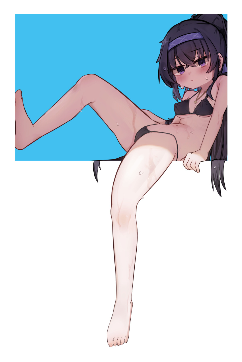 1girl absurdres bare_arms bare_legs bare_shoulders barefoot bikini black_bikini black_hair blue_archive blush breasts closed_mouth commentary english_commentary full_body hairband highres jewelry long_hair miaoema mixed-language_commentary official_alternate_costume pendant purple_eyes purple_hairband small_breasts solo swimsuit ui_(blue_archive) ui_(swimsuit)_(blue_archive)