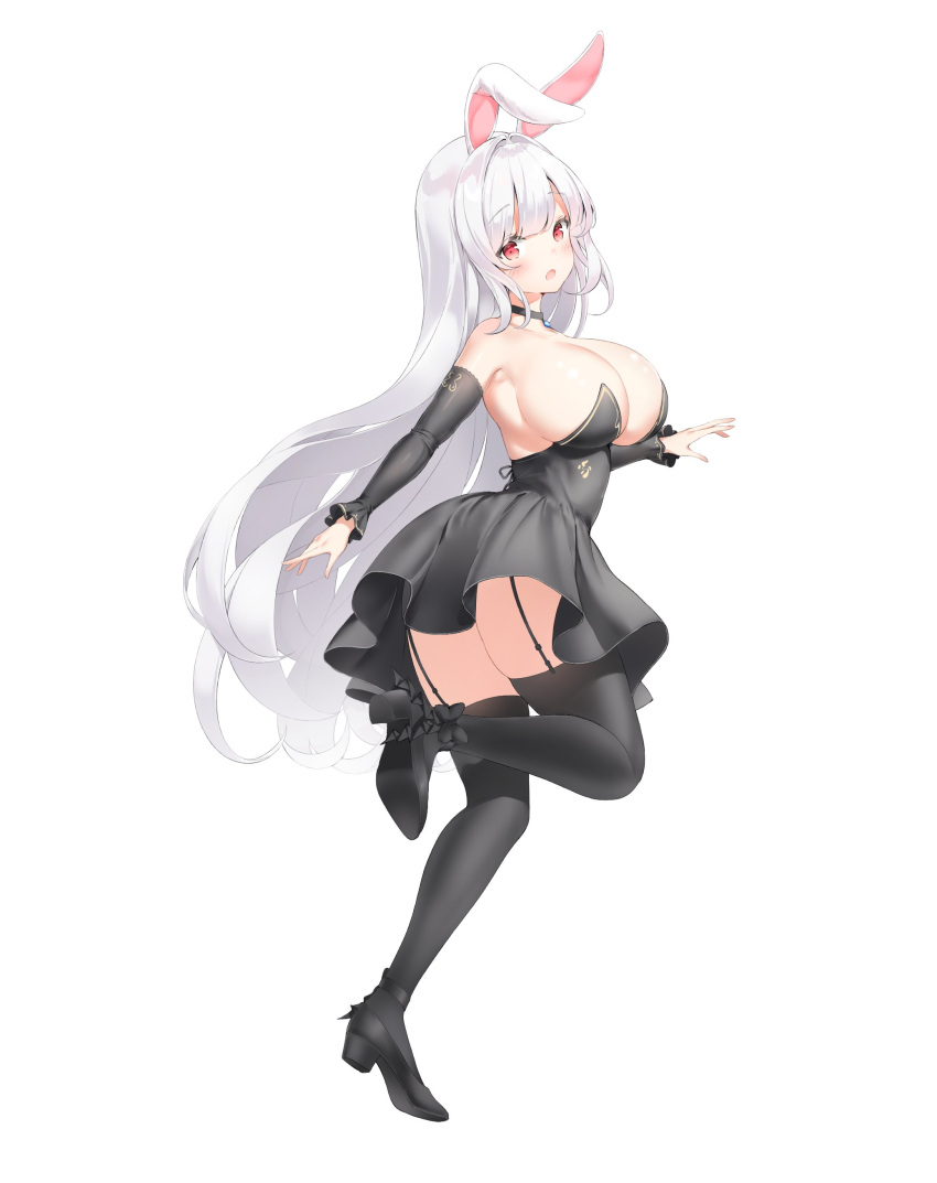 1girl absurdres animal_ears armpits ass bare_shoulders black_choker black_dress black_footwear black_thighhighs breasts choker cleavage detached_sleeves dress full_body garter_straps highres keibeam large_breasts leg_up long_hair long_sleeves looking_at_viewer looking_back open_mouth original rabbit_ears red_eyes shoes simple_background solo standing standing_on_one_leg strapless strapless_dress thighhighs thighs twisted_torso very_long_hair white_background white_hair