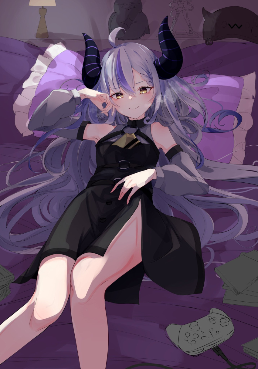 1girl bare_shoulders black_dress braid braided_bangs demon_girl demon_horns detached_sleeves dress frilled_pillow frills highres hololive holox horns la+_darknesss long_hair lying motoi_(croa76) multicolored_hair on_back pillow purple_horns streaked_hair striped_horns virtual_youtuber yellow_eyes