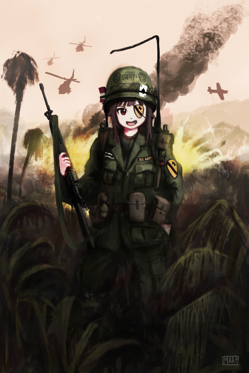 1girl aircraft airplane assault_rifle explosion eyepatch gun helicopter helmet highres jungle kono_subarashii_sekai_ni_shukufuku_wo! m16 marpaparp megumin military military_uniform nature one_eye_covered palm_tree pouch radio_antenna rifle smoke tree uniform vietnam_war weapon