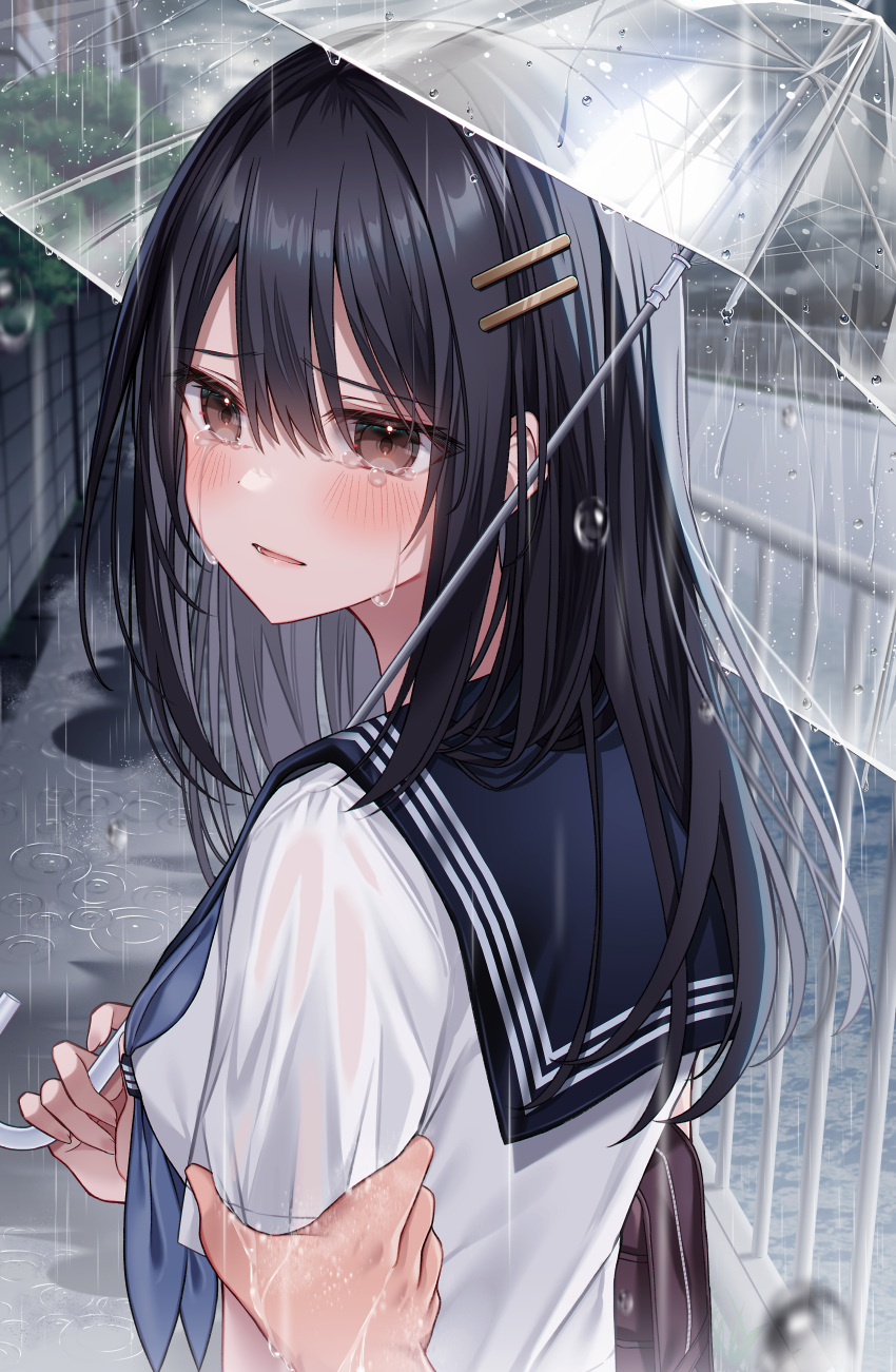 1girl 1other absurdres bag black_hair black_sailor_collar blue_neckerchief blush brown_eyes crying crying_with_eyes_open dot_nose from_behind hair_between_eyes hair_ornament hairclip highres kuro_namako long_hair looking_at_viewer neckerchief original outdoors overcast parted_lips pov pov_hands puddle railing rain ripples road sailor_collar school_bag school_uniform serafuku shirt short_sleeves sidelocks sky solo_focus straight_hair streaming_tears tears transparent transparent_umbrella umbrella upper_body wet wet_clothes wet_shirt white_shirt