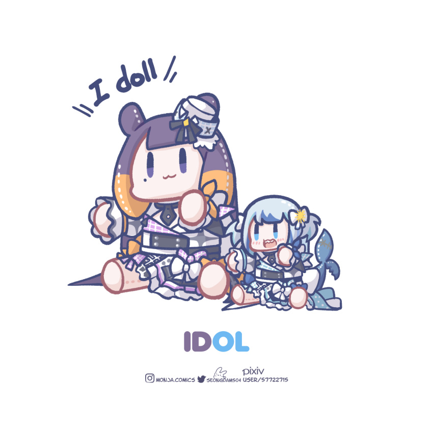 :3 blush_stickers character_doll chibi commentary english_commentary english_text gawr_gura grey_hair highres hololive hololive_english hololive_idol_uniform_(bright) instagram_username mole mole_under_eye monja_(monja0521) ninomae_ina'nis no_humans pixiv_username purple_hair simple_background twitter_username virtual_youtuber white_background |_|