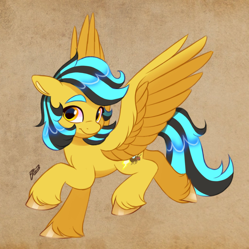 2023 artharuhi black_hair black_tail blue_hair blue_tail cutie_mark equid equine eyebrows eyelashes fan_character feathered_wings feathers female feral friendship_is_magic fur hair hasbro hi_res hooves mammal multicolored_hair my_little_pony one_ear_up pegasus smile solo tail two_tone_hair two_tone_tail wings yellow_body yellow_eyes yellow_feathers yellow_fur