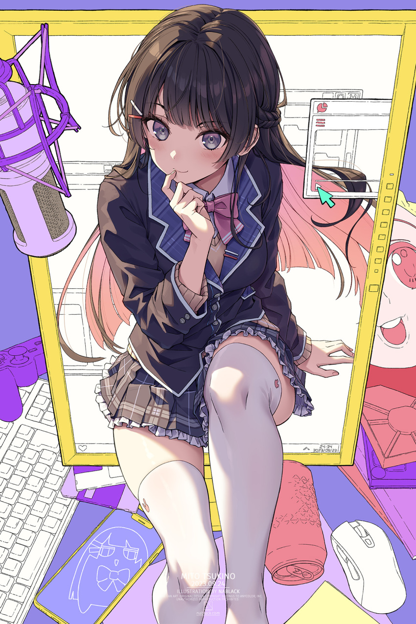 1000-nen_ikiteru_(vocaloid) 1girl arm_support artist_name black_hair black_jacket black_skirt blazer blush bow bowtie braid brown_cardigan can cardigan character_name closed_mouth collared_shirt commentary_request controller cursor dated feet_out_of_frame finger_to_mouth floating_hair floppy_disk game_controller grey_eyes hair_ornament hairclip half_updo highres invisible_chair jacket keyboard_(computer) knee_up kuro-kun_(nablack) long_hair long_sleeves looking_at_viewer microphone monitor mouse_(computer) nazono_mito nijisanji pink_bow pink_bowtie plaid plaid_skirt pleated_skirt school_uniform shirt sitting skirt smile solo studio_microphone thighhighs through_screen timestamp tsukino_mito virtual_youtuber white_shirt white_thighhighs window_(computing)