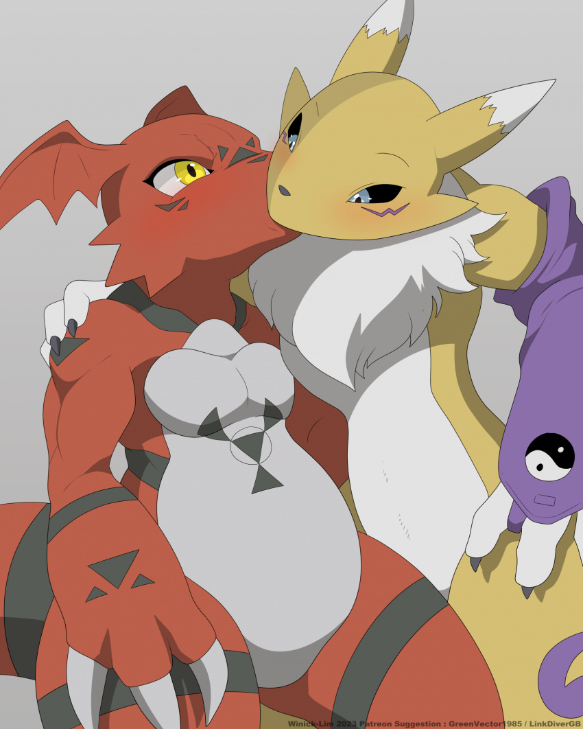 3_fingers arms_around_partner bandai_namco belly blue_eyes blush canid canine claws digimon digimon_(species) duo eye_contact featureless_crotch fingers fox fur guilmon hi_res kissing looking_at_another mammal markings red_body red_skin renamon tail white_belly white_body white_fur winick-lim yellow_body yellow_eyes