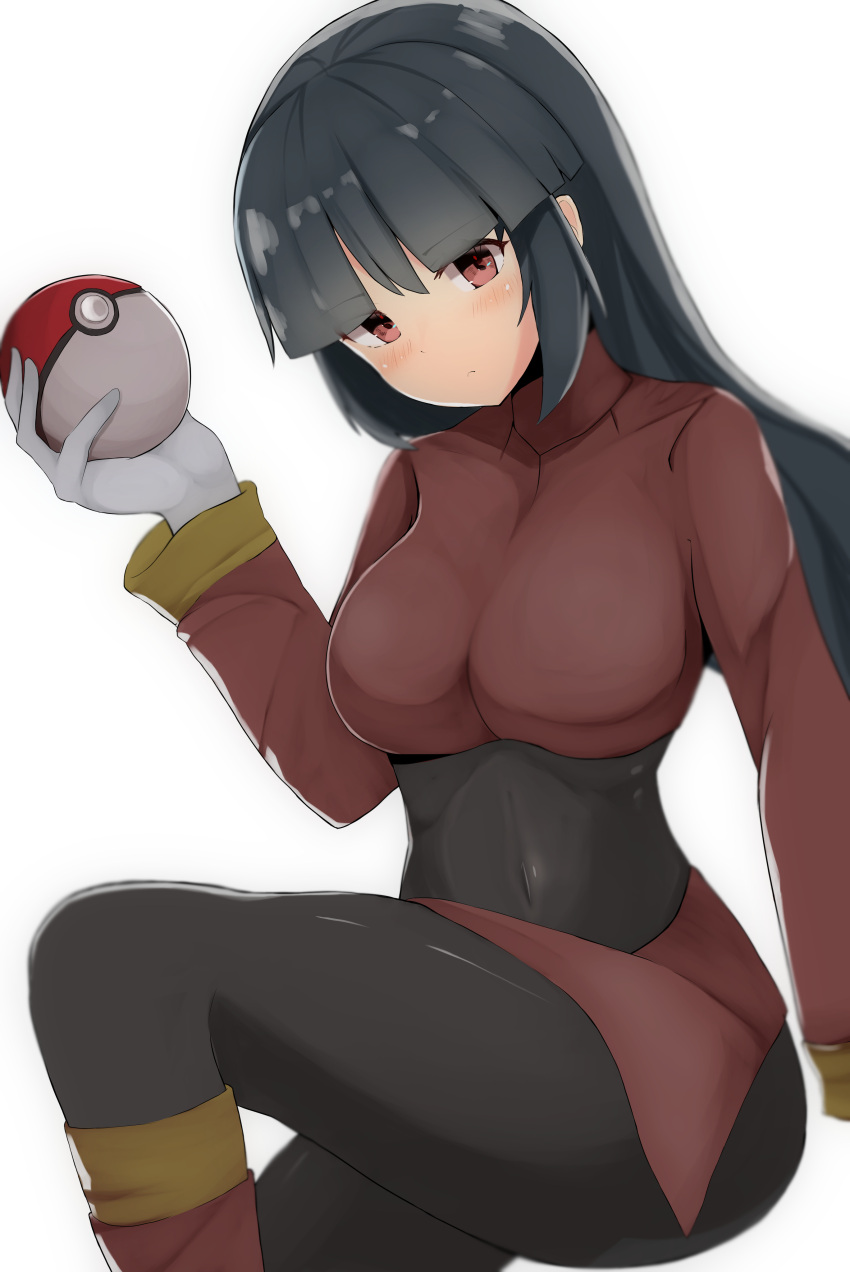 1girl absurdres black_bodysuit black_pantyhose blue_hair blunt_bangs blunt_ends bodysuit breasts covered_navel cropped_jacket dark_blue_hair gloves highres holding holding_poke_ball jacket large_breasts long_hair long_sleeves over-kneehighs pantyhose poke_ball poke_ball_(basic) pokemon pokemon_(game) pokemon_frlg red_eyes red_jacket red_skirt sabrina_(pokemon) skirt solo thighhighs turtleneck turtleneck_jacket white_gloves wood_pump