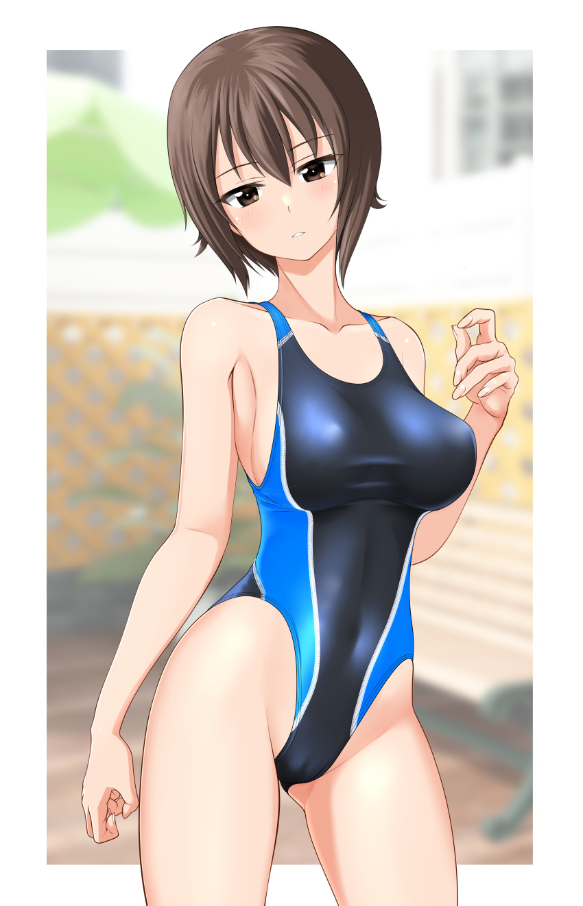 1girl absurdres bench black_eyes black_one-piece_swimsuit blurry blurry_background breasts brown_eyes cameltoe collarbone commentary_request competition_swimsuit contrapposto covered_navel fence girls_und_panzer head_out_of_frame highleg highleg_swimsuit highres large_breasts looking_at_viewer medium_breasts nishizumi_maho one-piece_swimsuit short_hair solo swimsuit takafumi two-tone_swimsuit