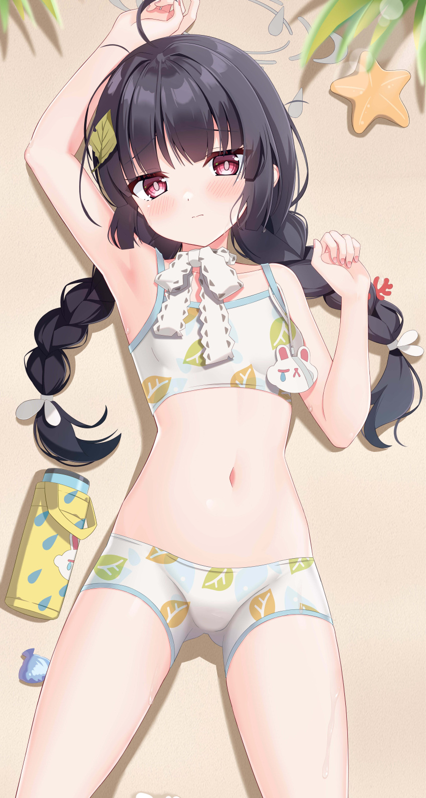 1girl absurdres beach black_hair blue_archive fengshen_chino flat_chest highres lying miyu_(blue_archive) miyu_(swimsuit)_(blue_archive) navel red_eyes shell starfish swimsuit thermos twintails