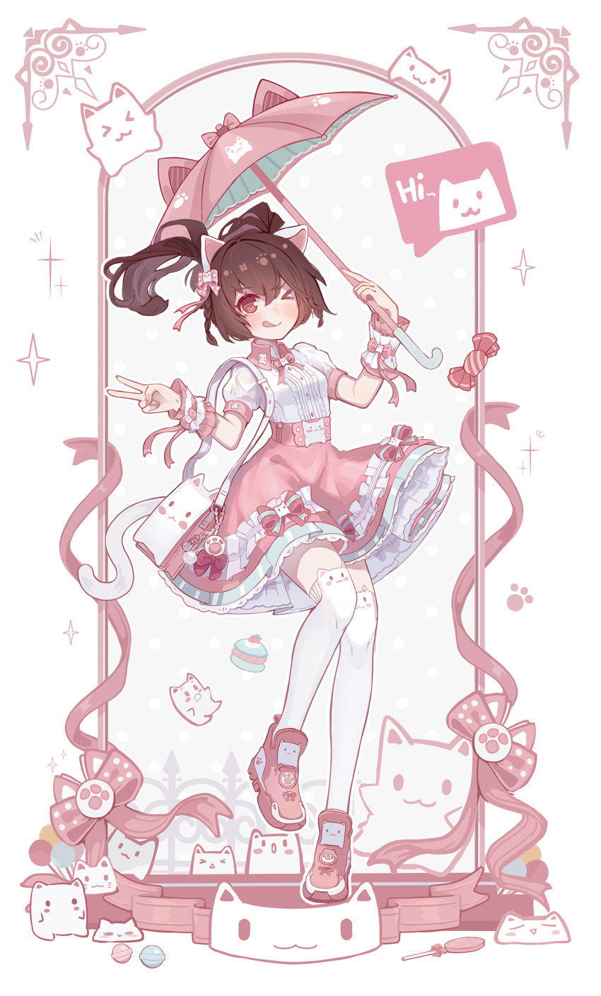 &gt;_o 1girl ;q animal_bag animal_ear_legwear animal_ears bag bcy blush border bow bow_skirt brown_hair candy cat_bag cat_ear_legwear cat_ears cat_ornament center_frills collared_shirt fake_animal_ears flower food frills full_body hair_bow hands_up highres holding holding_umbrella huhu lollipop medium_hair one_eye_closed original pink_border pink_bow pink_flower pink_skirt pink_umbrella ponytail puffy_short_sleeves puffy_sleeves red_eyes scrunchie shirt shoes short_sleeves shoulder_bag skirt sneakers solo sparkle standing standing_on_one_leg swirl_lollipop thighhighs tongue tongue_out umbrella v white_background white_bag white_shirt white_thighhighs wrist_scrunchie xiaohuoguo_qiyuezhe