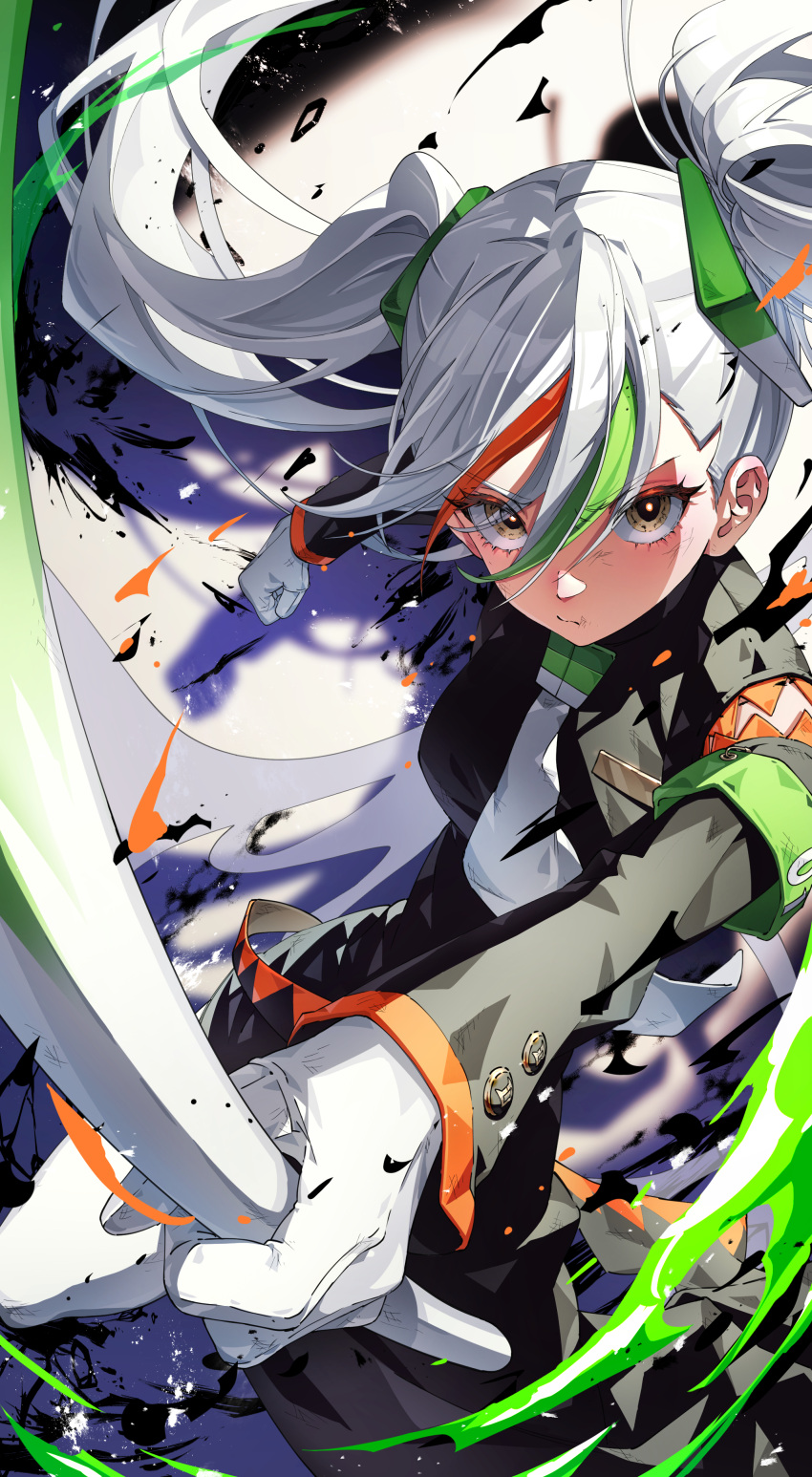 1girl absurdres armband black_coat coat fighting_miku_(project_voltage) food gloves green_armband hatsune_miku highres holding holding_food holding_spring_onion holding_vegetable husan long_hair long_sleeves looking_at_viewer multicolored_hair necktie orange_trim pokemon project_voltage spring_onion twintails vegetable very_long_hair vocaloid white_gloves white_hair white_necktie yellow_eyes