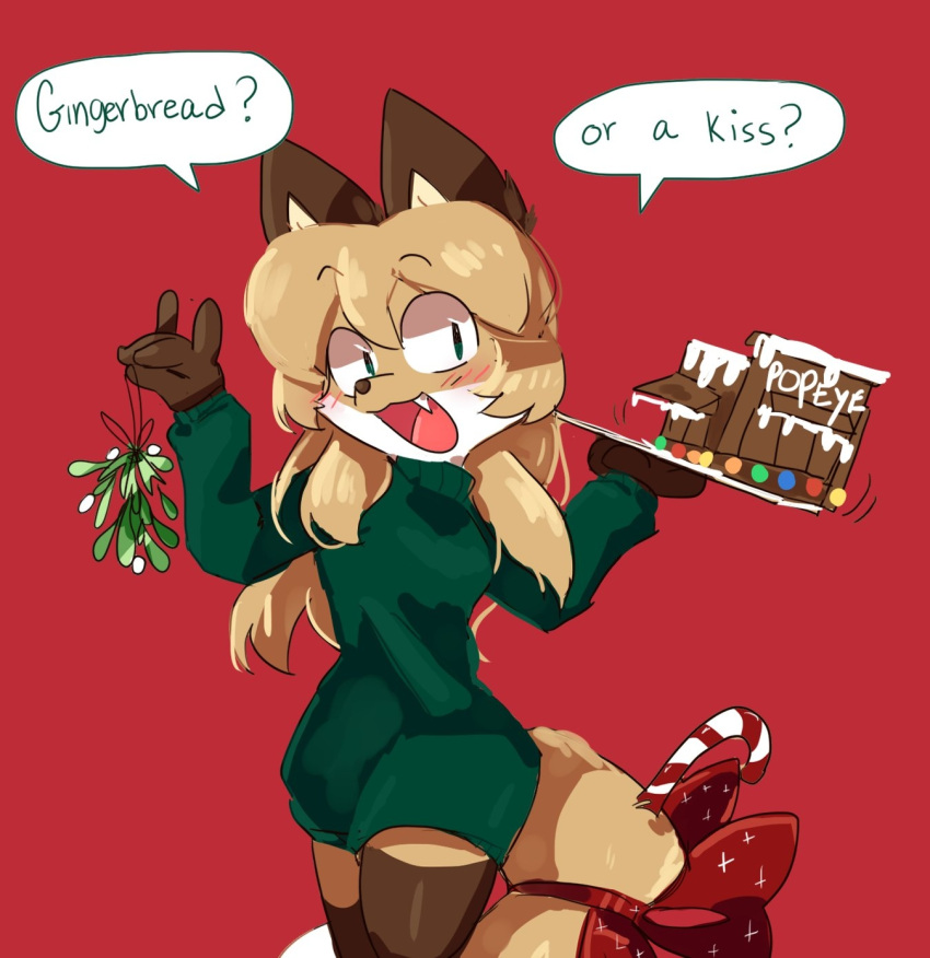 anthro averi_(fiddleafox) brown_body brown_fur candy candy_cane canid canine clothing dessert dipstick_tail english_text female female_anthro fiddleafox food fox fur gingerbread_house gloves_(marking) green_clothing green_eyes hair hi_res leg_markings mammal markings mistletoe plant socks_(marking) solo tail tail_markings text white_body white_fur