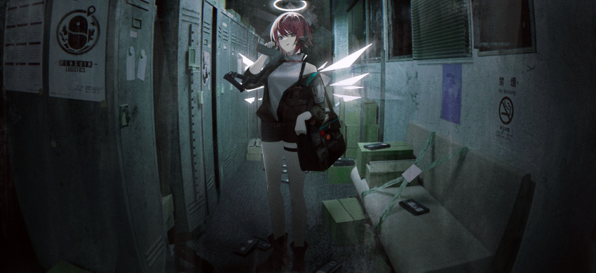 1girl absurdres angel angel_wings arknights bag black_footwear black_jacket black_shorts boots box cardboard_box collared_shirt commentary detached_wings energy_wings exusiai_(arknights) exusiai_(midnight_delivery)_(arknights) full_body gun hair_between_eyes halo highres holding holding_gun holding_weapon igawa_hikaru jacket kriss_vector licking_lips light_particles locker locker_room long_sleeves looking_at_viewer microphone no_smoking off_shoulder official_alternate_costume open_clothes open_jacket penguin_logistics_logo red_hair shirt short_hair shorts shoulder_bag single_bare_shoulder sleeveless sleeveless_shirt solo submachine_gun thigh_strap tongue tongue_out videocassette weapon white_shirt wings yellow_eyes