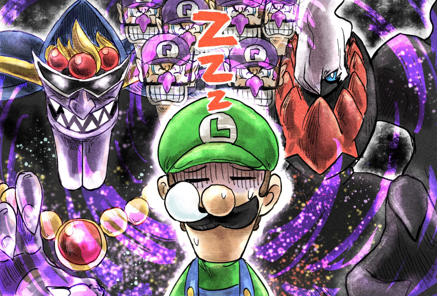 blue_eyes darkrai facial_hair green_headwear highres jewelry kicdon kirby's_adventure kirby_(series) luigi male_focus mario_(series) mustache nightmare nightmare_(kirby) nose_bubble pendant pokemon pokemon_(creature) purple_headwear sharp_teeth smile sunglasses super_smash_bros. sweat teeth waluigi zzz