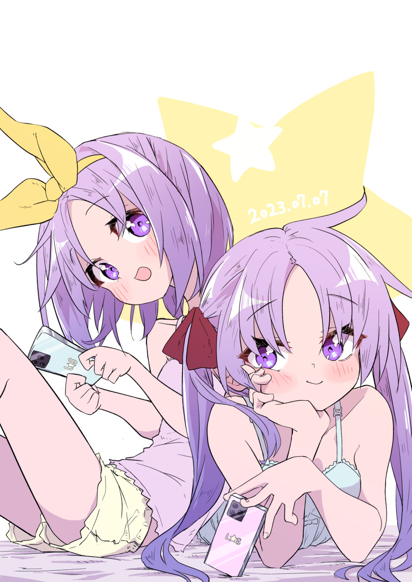 2girls blush bow camisole cellphone closed_mouth collarbone dated hair_bow hamioura highres hiiragi_kagami hiiragi_tsukasa holding holding_phone long_hair looking_at_viewer lucky_star multiple_girls open_mouth phone purple_eyes purple_hair short_hair siblings sisters smartphone smile star_(symbol) twins twintails yellow_bow