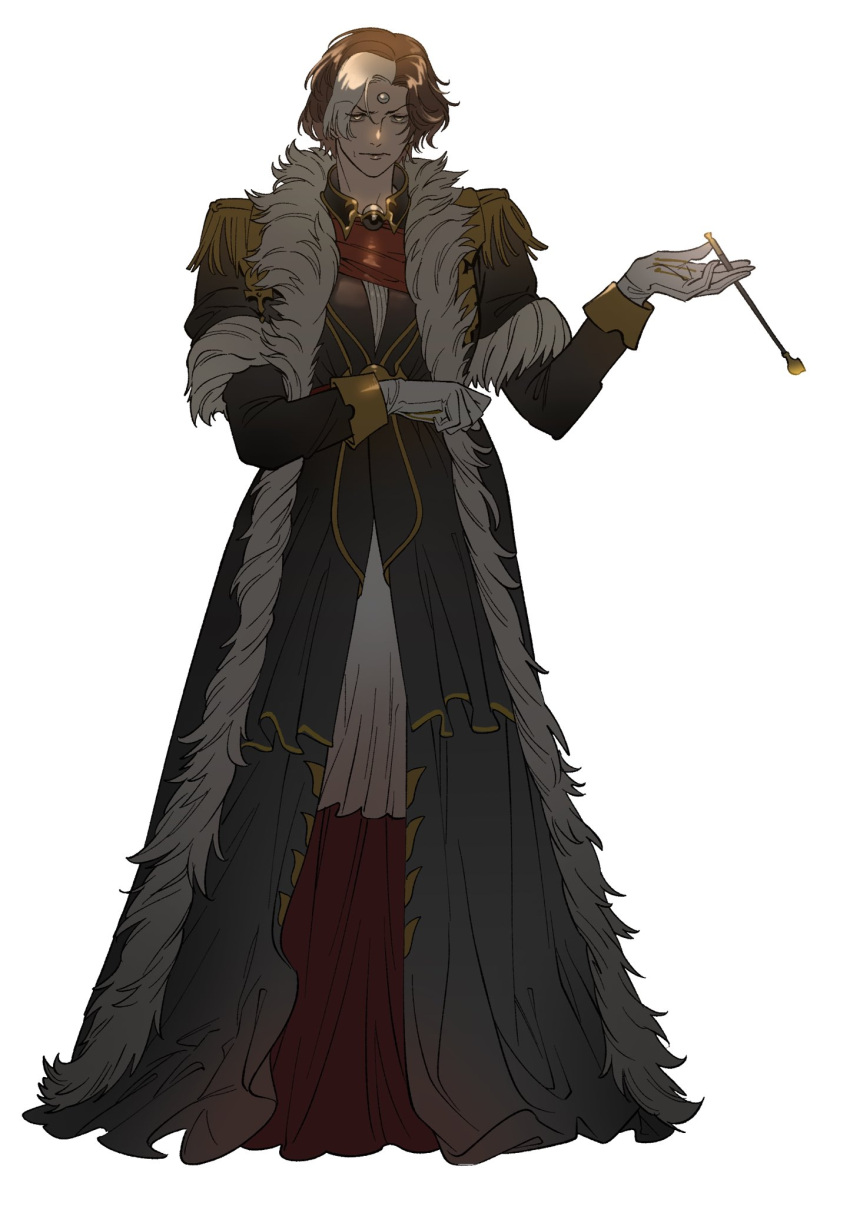 &gt;:( 1girl 5altybitter5 arm_across_waist black_dress brown_hair commentary_request detached_collar dress emet-selch epaulettes final_fantasy final_fantasy_xiv frown full_body fur-trimmed_dress fur_trim garlean genderswap genderswap_(mtf) gloves highres holding holding_smoking_pipe kiseru korean_commentary long_sleeves looking_at_viewer mature_female multicolored_hair short_hair simple_background smoking_pipe solo standing tachi-e third_eye two-tone_hair v-shaped_eyebrows white_background white_gloves white_hair yellow_eyes