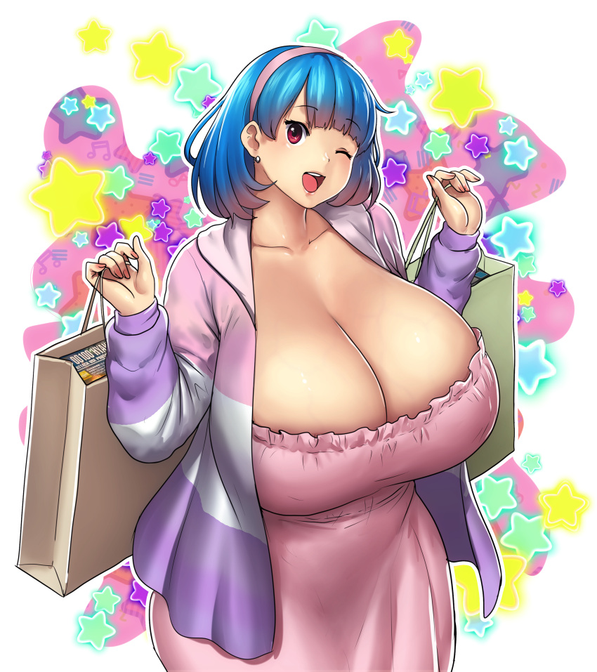 1girl absurdres bag blue_hair breasts cleavage cowboy_shot dress earrings erkaz hairband highres holding holding_bag huge_breasts jacket jewelry long_sleeves medium_hair one_eye_closed original outline pink_dress pink_hairband purple_jacket red_eyes rina_atherina solo star_(symbol) veins veiny_breasts white_outline