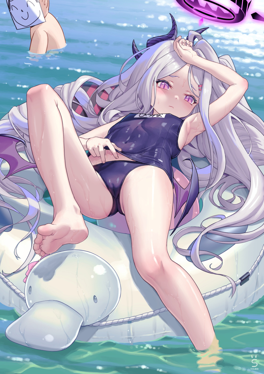 1boy 1girl arm_up armpits arona's_sensei_doodle_(blue_archive) barefoot blue_archive blue_one-piece_swimsuit breasts cameltoe character_name commentary_request covered_navel day demon_horns demon_wings eyelashes feet foot_out_of_frame grey_hair hair_ornament hairclip halo highres hina_(blue_archive) hina_(swimsuit)_(blue_archive) horns innertube knee_up legs long_hair low_wings lying multiple_horns name_tag old_school_swimsuit on_back one-piece_swimsuit outdoors parted_bangs purple_eyes purple_horns school_swimsuit sensei_(blue_archive) shadow shiny_clothes shiny_skin sinad_aruatjanapat skin_tight small_breasts soaking_feet soles solo_focus swimsuit thighs toes water wings