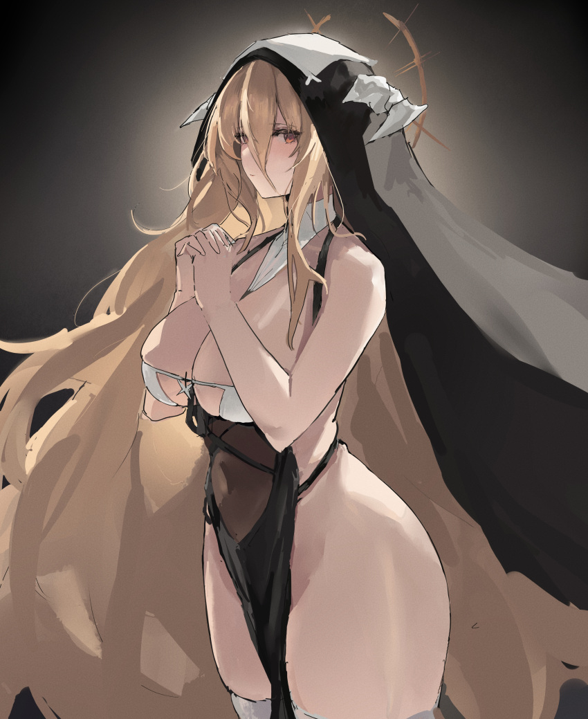 1girl absurdres azur_lane blonde_hair breast_cutout breasts cleavage cowboy_shot fake_horns from_side habit highres horns implacable_(azur_lane) large_breasts long_hair looking_at_viewer lump_saury nun own_hands_together pelvic_curtain revealing_clothes simple_background solo thighhighs two-tone_dress very_long_hair white_horns white_thighhighs