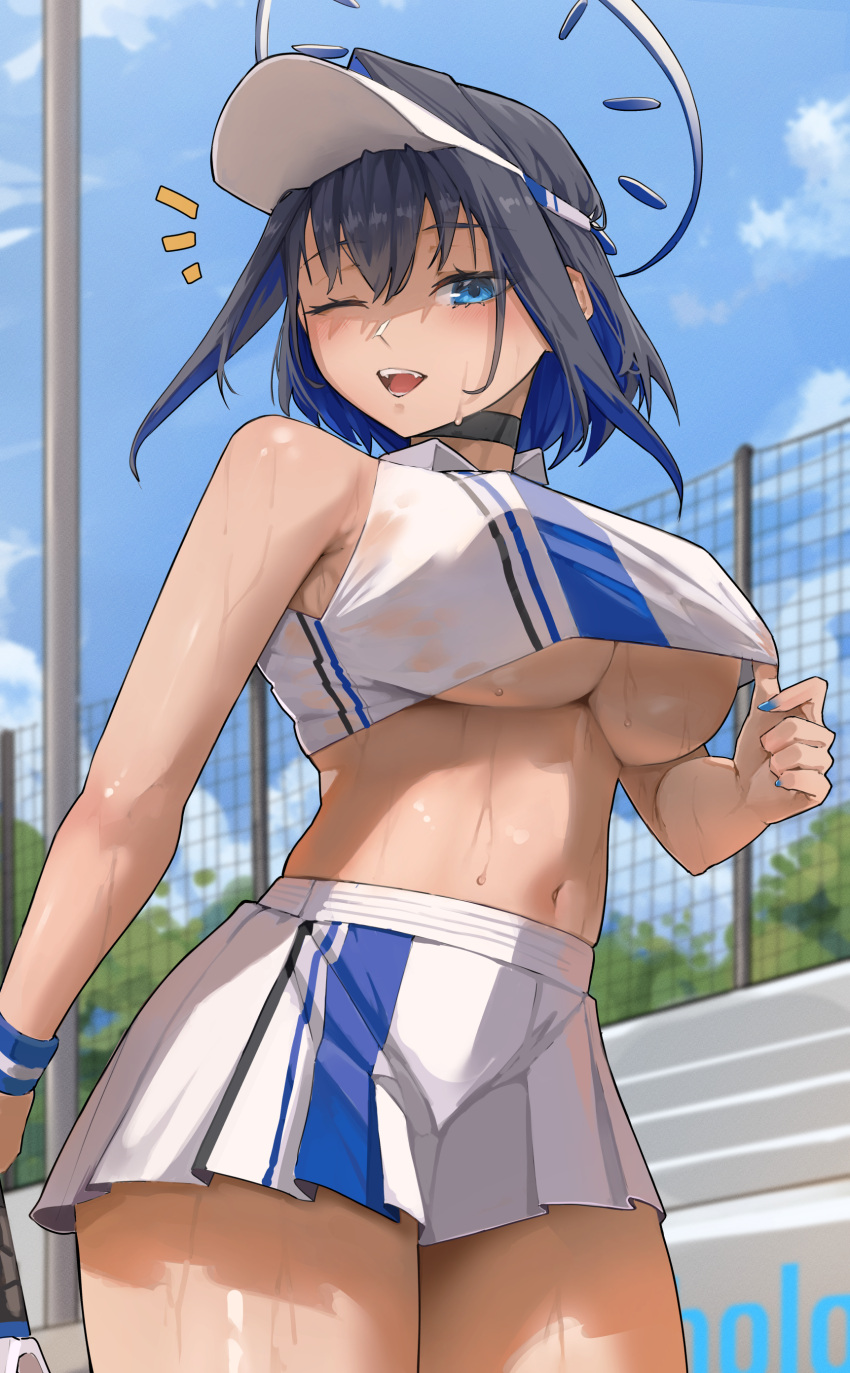 1girl ;d absurdres adjusting_clothes archinoer black_choker black_hair blue_eyes blue_hair blue_nails blue_sky breasts choker cloud colored_inner_hair crop_top day fangs fence hair_intakes halo highres holding holding_racket hololive hololive_english miniskirt multicolored_hair navel one_eye_closed open_mouth ouro_kronii outdoors racket shirt skirt sky sleeveless sleeveless_shirt smile solo sportswear stomach sweat teeth tennis_uniform thighs two-tone_hair underboob virtual_youtuber visor_cap white_skirt wristband