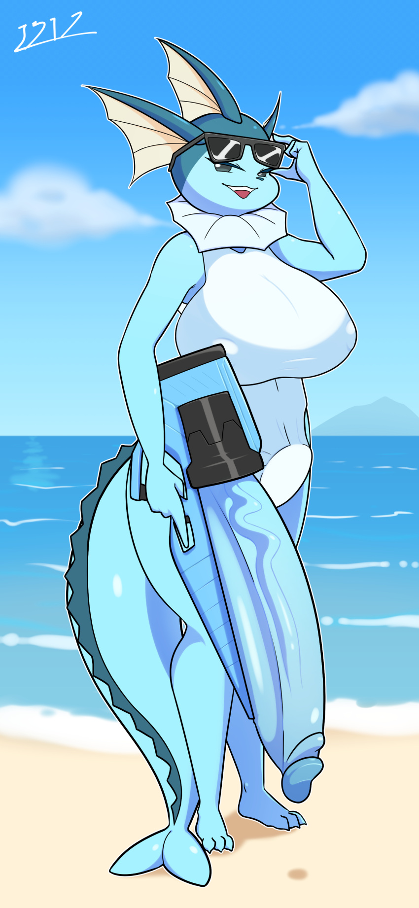 2023 absurd_res anthro beach big_breasts big_penis big_tail blue_body breasts clothed clothing eeveelution eyewear generation_1_pokemon genitals gynomorph hi_res huge_penis humanoid_genitalia humanoid_penis i3i2455_ivi394 intersex looking_at_viewer nintendo nipple_outline open_mouth outside penis pokemon pokemon_(species) portal sand seaside sky smile solo sunglasses swimwear tail toy toy_gun vaporeon water_gun