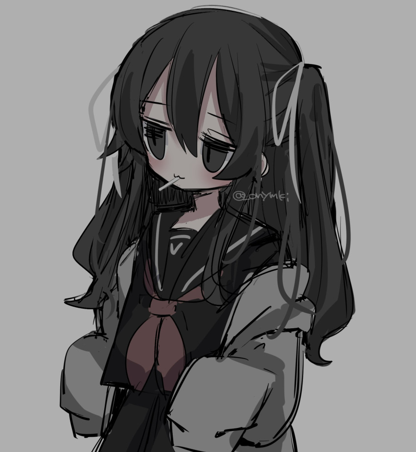 1girl :3 black_eyes black_hair black_sailor_collar black_shirt black_skirt closed_mouth grey_background grey_jacket hair_ribbon highres jacket long_hair necktie oniyamakei original red_necktie ribbon sailor_collar shirt simple_background skirt smile solo two_side_up upper_body white_ribbon