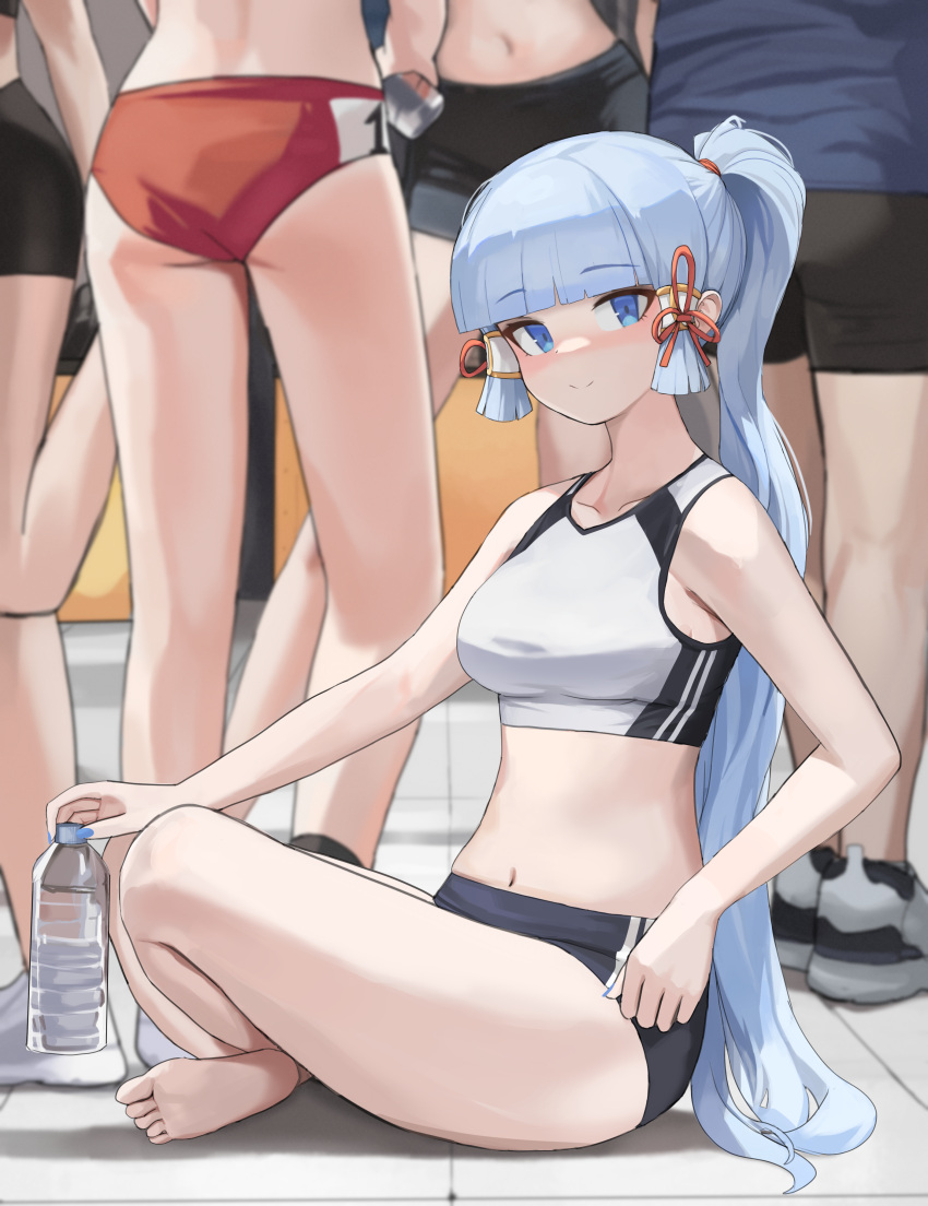 1boy 4girls absurdres alternate_costume ass bare_arms bare_shoulders barefoot blue_eyes blue_hair blunt_bangs bottle breasts buruma commentary_request crop_top dolri genshin_impact hair_tubes highres kamisato_ayaka long_hair looking_at_viewer medium_breasts midriff multiple_girls navel ponytail red_buruma sidelocks sitting smile sports_bra standing stomach thighs very_long_hair water_bottle