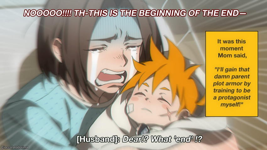 1boy 1girl artist_name baby bandaid bandaid_on_face brown_hair cioccolatodorima closed_eyes commentary crying english_commentary english_text holding_baby mother_and_son open_mouth orange_hair original scar scar_on_face short_hair streaming_tears subtitled tears upper_body watermark