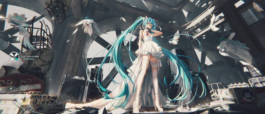 1girl absurdres aqua_eyes aqua_hair bird bow commentary_request dress duona full_body hair_bow hatsune_miku high_heels highres holding holding_microphone long_hair looking_at_viewer microphone single_thighhigh sleeveless sleeveless_dress solo speaker standing thighhighs twintails very_long_hair vocaloid white_bow white_dress white_footwear white_thighhighs