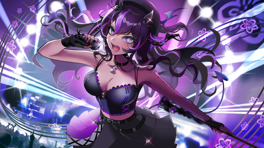 1girl arm_tattoo armpits belt beret black_belt black_bow black_collar black_gloves black_headwear black_skirt black_wings bloom_(vtuber) bodice bow braid breasts cane chain choker cleavage collar commission concert crowd demon_girl demon_horns demon_tail demon_wings fingerless_gloves flower-shaped_pupils flower_choker gloves hair_bow hat heart highres holding holding_cane holding_microphone horns indie_virtual_youtuber microphone multicolored_hair open_mouth purple_eyes purple_hair skirt solo streaked_hair symbol-shaped_pupils tail tattoo two-tone_hair wings yuarima2