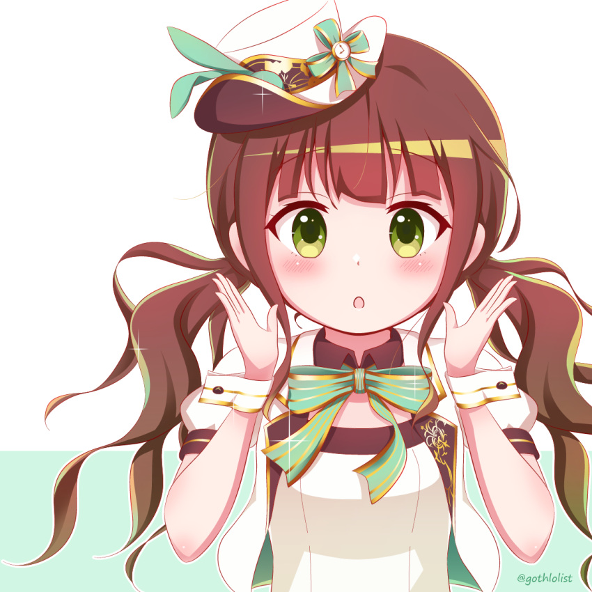 1girl :o blush bow brown_hair commentary_request gochuumon_wa_usagi_desu_ka? goth_risuto green_background green_bow green_eyes hands_up jacket long_hair looking_at_viewer low_twintails open_clothes open_jacket parted_lips puffy_short_sleeves puffy_sleeves shirt short_sleeves solo striped striped_bow tilted_headwear twintails twitter_username two-tone_background ujimatsu_chiya upper_body very_long_hair white_background white_headwear white_jacket white_shirt wrist_cuffs