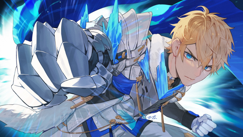 1boy armor black_shirt blonde_hair blue_eyes breastplate buttons clenched_hands closed_mouth commentary_request fur-trimmed_jacket fur_trim gauntlets gepard_landau gloves hair_between_eyes highres honkai:_star_rail honkai_(series) incoming_attack incoming_punch jacket long_sleeves looking_at_viewer male_focus outstretched_arm pauldrons punching serious shirt short_hair shoulder_armor signature single_gauntlet solo tassel tooaya v-shaped_eyebrows white_gloves white_jacket