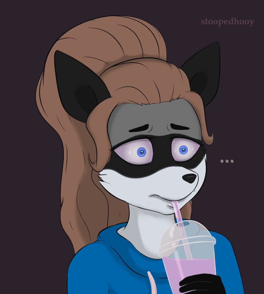 anthro beverage clothing container cup drinking ellipsis fan_character grimace_birthday_shake gynomorph hi_res hoodie intersex mammal meme phone procyonid raccoon selfie solo stoopedhooy straw topwear worried