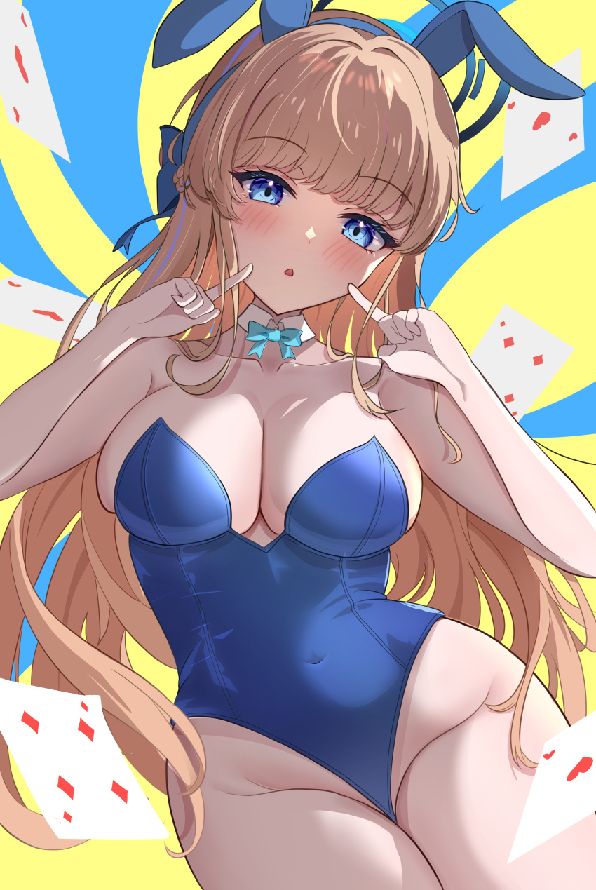 1girl absurdres animal_ears bare_shoulders blonde_hair blue_archive blue_background blue_bow blue_bowtie blue_eyes blue_hair blue_leotard blush bow bowtie braid breasts card collarbone covered_navel detached_collar fake_animal_ears french_braid hair_bow hands_up heart heart_print highres index_finger_raised kumomokka large_breasts leotard long_hair looking_at_viewer multicolored_background multicolored_hair no_panties official_alternate_costume open_mouth playboy_bunny playing_card rabbit_ears solo strapless strapless_leotard streaked_hair toki_(blue_archive) toki_(bunny)_(blue_archive) wing_collar yellow_background