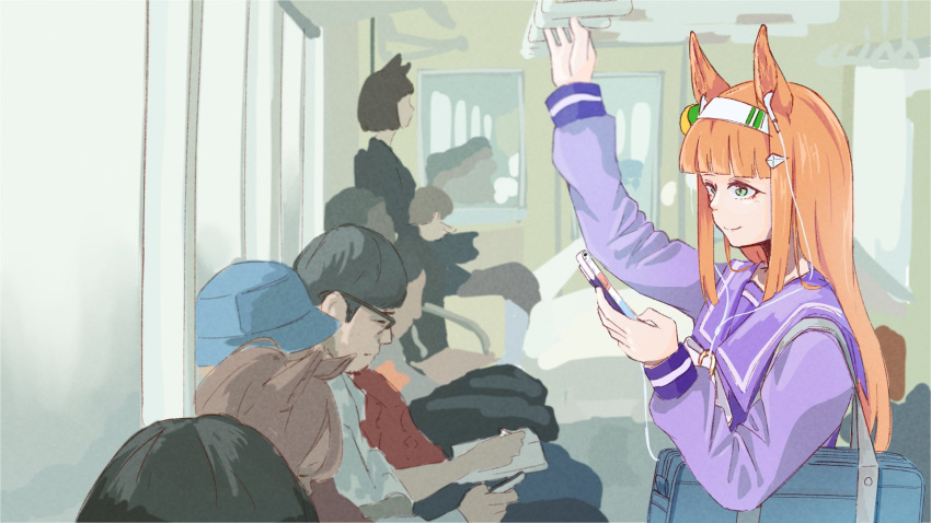 1girl animal_ears arm_up bag blunt_bangs cellphone closed_mouth earphones green_eyes hairband hat highres holding holding_phone horse_ears long_hair long_sleeves orange_hair people phone purple_shirt ram_(p_searam) sailor_collar school_bag shirt silence_suzuka_(umamusume) smile solo_focus standing train_interior umamusume