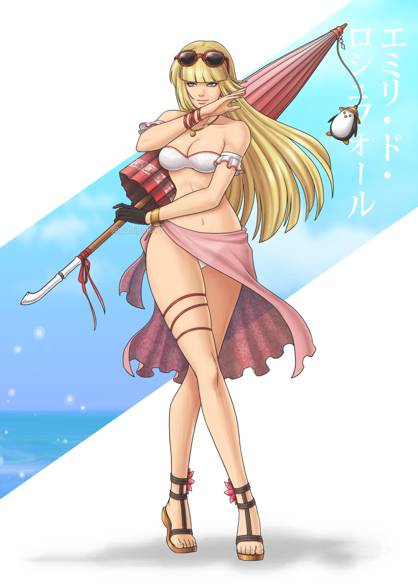 1girl bikini black_gloves blonde_hair blue_eyes blue_sky blunt_bangs breasts character_name cleavage closed_mouth english_commentary eyewear_on_head full_body geoffrey_daigon gloves highres hime_cut holding holding_umbrella jewelry lili_(tekken) lips medium_breasts necklace sandals single_glove sky smile solo standing strapless strapless_bikini sunglasses swimsuit tekken umbrella white_bikini