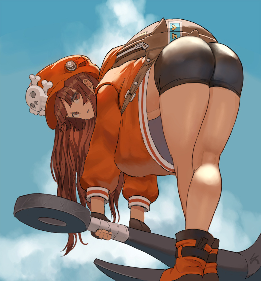 1girl anchor ass backpack bag bent_over bike_shorts black_gloves black_shorts blue_sky brown_bag brown_eyes brown_hair cabbie_hat crossed_ankles fingerless_gloves gloves guilty_gear guilty_gear_strive hat hat_ornament highres holding holding_anchor hood hoodie long_hair looking_at_viewer may_(guilty_gear) orange_footwear orange_headwear orange_hoodie oversized_clothes shorts skull_and_crossbones skull_hat_ornament sky solo zefrableu