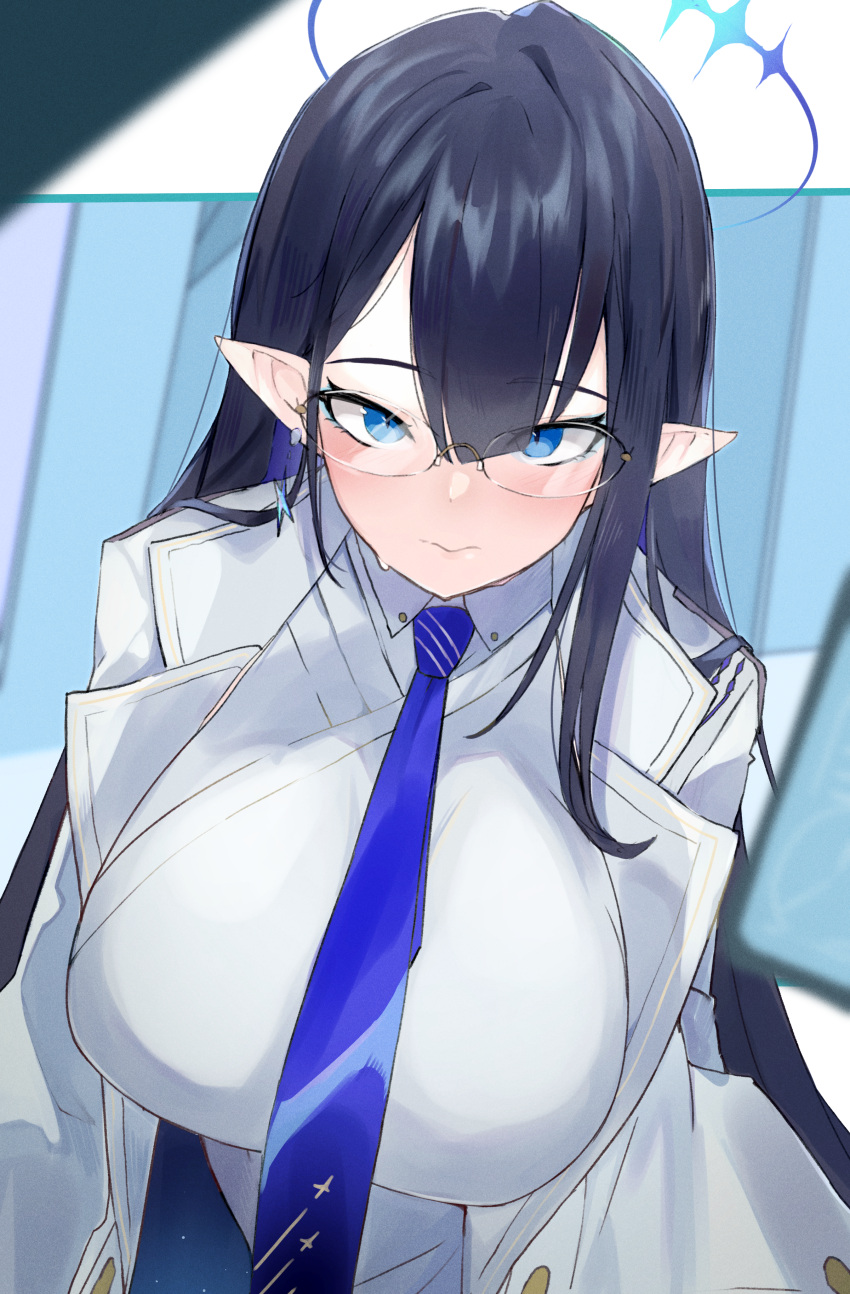 1girl absurdres black_hair blue_archive blue_eyeliner blue_eyes blue_necktie blurry blurry_foreground blush breasts chankuro coat depth_of_field earrings glasses halo highres huge_breasts jewelry large_breasts long_hair looking_at_viewer necktie pointy_ears rin_(blue_archive) shirt solo straight_hair sweatdrop upper_body very_long_hair white_coat white_shirt