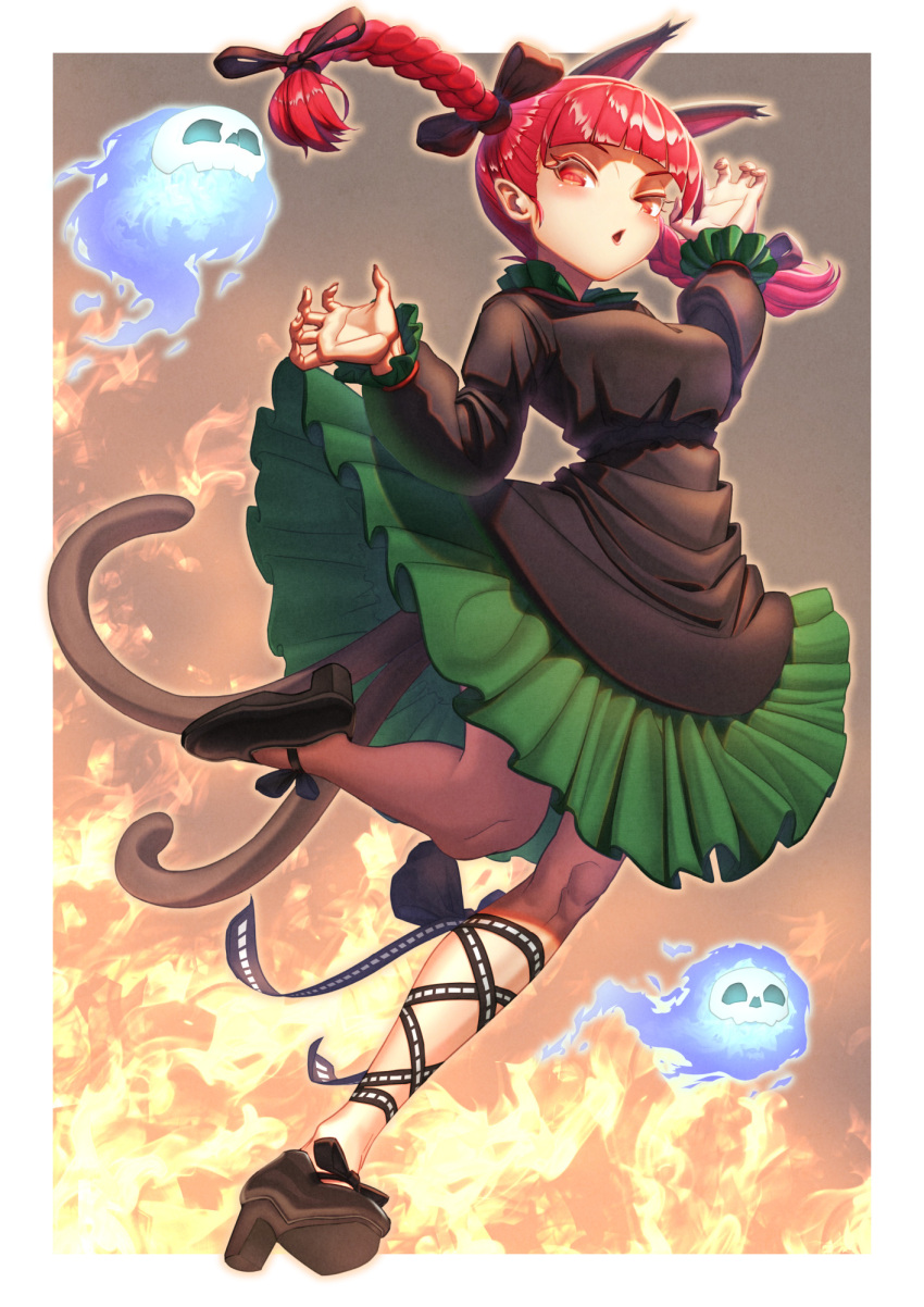 1girl animal_ears arms_up black_bow blunt_bangs bow braid breasts cat_ears cat_tail commentary creape dress extra_ears eyelashes fire floating_hair floating_skull footwear_bow full_body grey_dress hair_bow hair_ribbon high_heels highres hitodama kaenbyou_rin large_breasts leg_up long_hair multiple_tails nekomata no_socks outer_glow parted_lips petticoat red_eyes red_hair ribbon simple_background solo tail touhou tress_ribbon tsurime twin_braids two_tails v-shaped_eyebrows