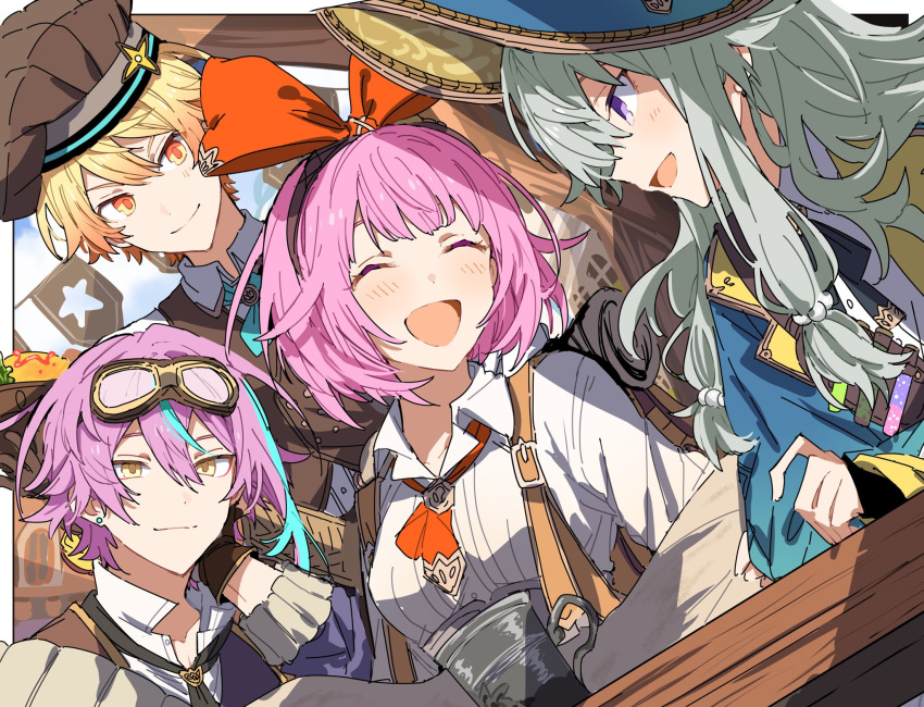 2boys 2girls atashi-tachi_no_happy_end_(project_sekai) blue_coat blue_hair blue_headwear blush bow chef_hat closed_eyes coat goggles goggles_on_head green_hair hair_bow hat highres hoshi-toge kamishiro_rui kusanagi_nene long_sleeves low_tied_sidelocks multicolored_hair multiple_boys multiple_girls ootori_emu open_mouth pink_hair project_sekai purple_eyes purple_hair red_bow shirt short_hair smile streaked_hair tenma_tsukasa white_shirt witch_hat wonderlands_x_showtime_(project_sekai)