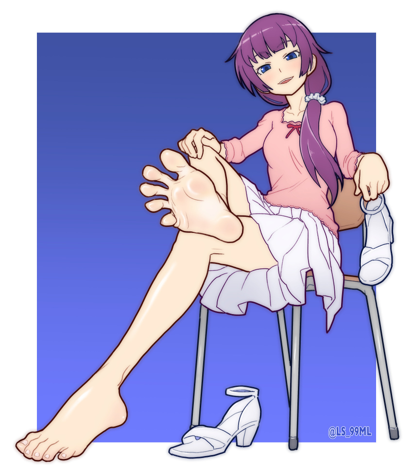 1girl absurdres artist_name bare_legs barefoot blue_background blue_eyes blunt_bangs blush border bow breasts chair collarbone commission commissioner_upload crossed_legs dress feet foot_focus foot_up full_body gradient_background hair_ornament hair_scrunchie hand_on_own_knee head_tilt highres holding legs long_hair long_sleeves looking_at_viewer medium_breasts miniskirt monogatari_(series) nisemonogatari non-web_source official_alternate_costume open_mouth pink_shirt pleated_dress pleated_skirt purple_hair red_bow sandals sandals_removed school_chair scrunchie senjougahara_hitagi shiny_skin shirt sidelocks sitting skirt soles solo spread_toes strappy_heels toenails toes tsukimaru_(ls_99ml) twitter_username white_border white_footwear white_skirt