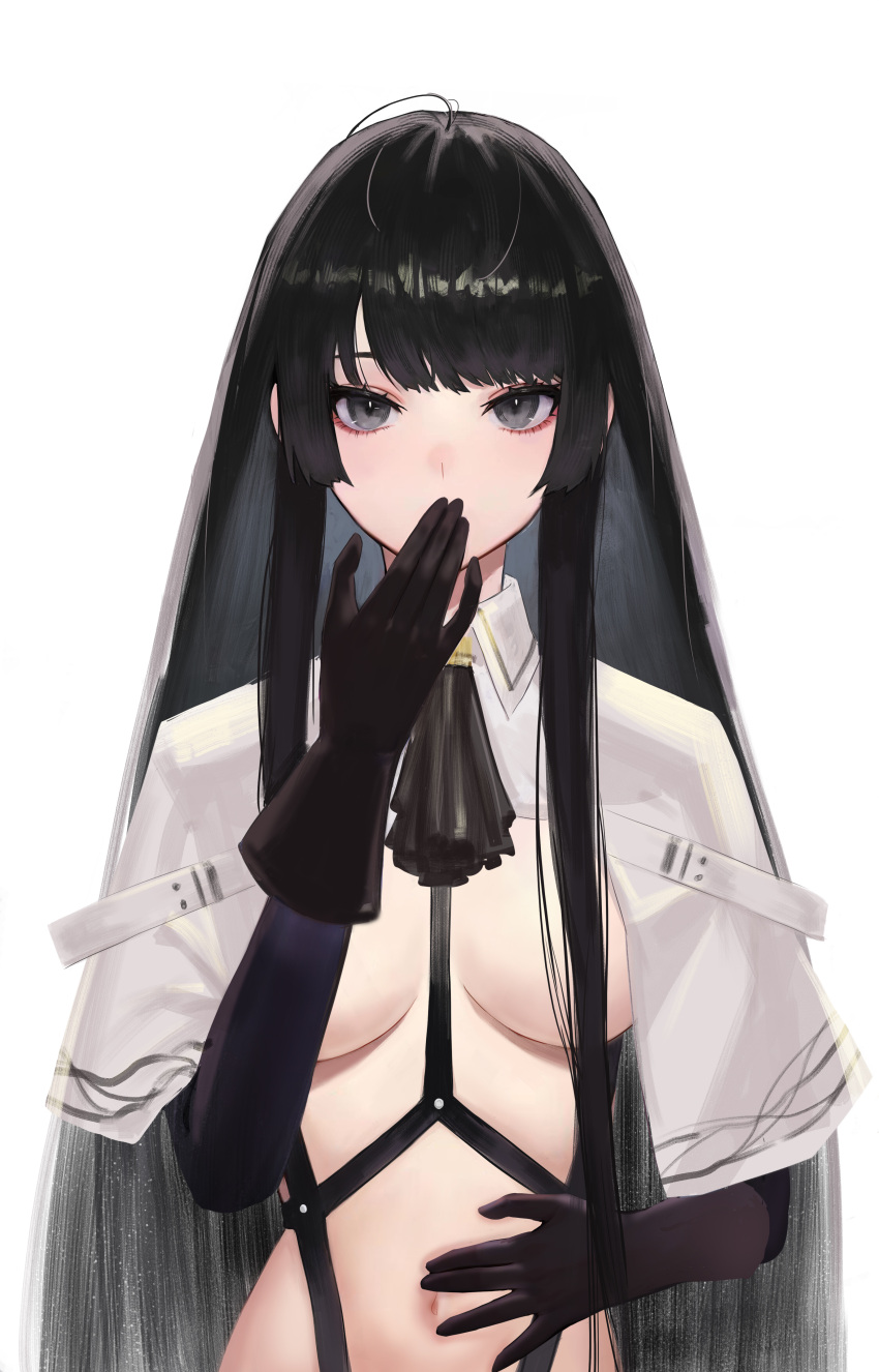 1girl absurdres antenna_hair arknights ascot belt belt_buckle black_ascot black_eyes black_gloves black_hair black_sleeves black_straps blunt_bangs bondage_outfit breasts buckle buttons c1718259 chinese_commentary cleavage collared_jacket commentary_request covered_nipples covering_mouth cropped_jacket expressionless eyelashes eyeshadow gloves hand_on_own_stomach hand_to_own_mouth hand_up highres hime_cut jacket layered_sleeves long_hair long_sleeves looking_at_viewer makeup medium_breasts navel no_bra outstretched_hand pale_skin red_eyeshadow short_over_long_sleeves short_sleeved_jacket short_sleeves sidelocks simple_background skinny solo stomach strap underboob upper_body variant_set very_long_hair virtuosa_(arknights) white_background white_belt white_jacket wide_sleeves