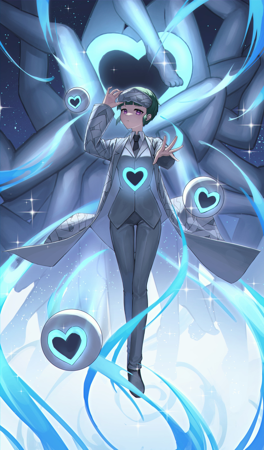 1girl absurdres black_necktie blindfold blindfold_lift blue_star closed_mouth coat collared_shirt e.g.o_(project_moon) employee_(lobotomy_corporation) full_body green_hair grey_coat grey_pants grey_vest haro_(haro_339) heart heart_print highres lobotomy_corporation long_sleeves looking_at_viewer necktie pants project_moon purple_eyes shirt short_hair sidelocks sparkle vest white_shirt