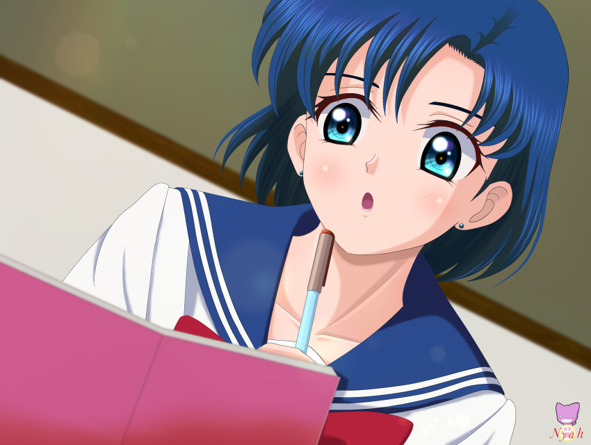 absurdres bishoujo_senshi_sailor_moon blue_eyes blue_hair blue_sailor_collar bow bowtie collarbone earrings highres jewelry juuban_middle_school_uniform lips mizuno_ami open_mouth pen red_bow red_bowtie sailor_collar school_uniform serafuku shirt short_hair stud_earrings swept_bangs user_sjah7745 white_shirt