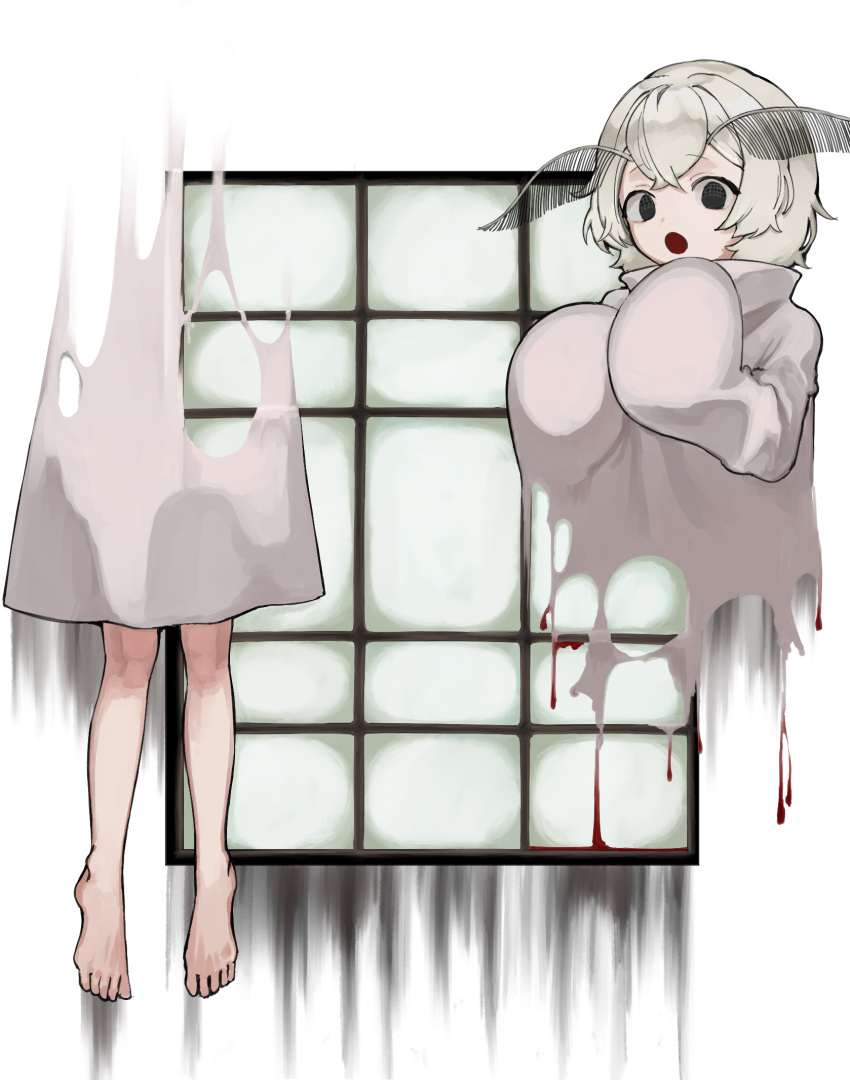 1other barefoot black_eyes commentary_request disembodied_torso dress floating hands_up highres long_sleeves looking_at_viewer medium_hair moth_antennae no_pupils open_mouth original puffy_long_sleeves puffy_sleeves solo uni_no white_dress white_hair window