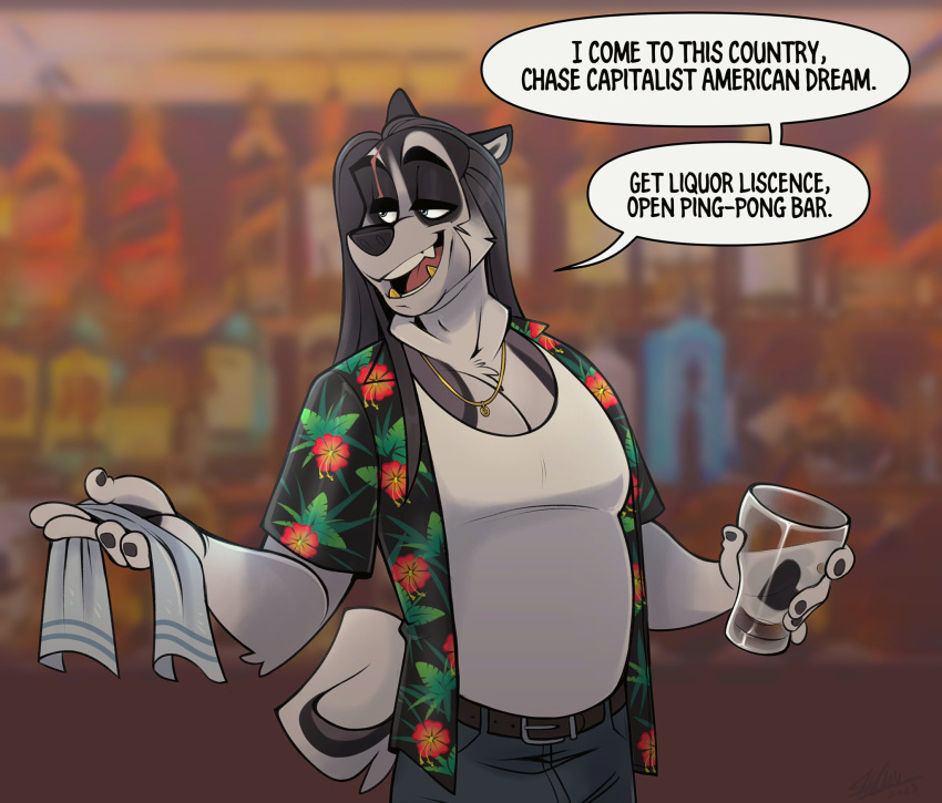 aloha_shirt anthro black_hair blurred_background borya_(cadaverrdog) bottomwear cadaverrdog canid canine canis clothing container cup curled_tail denim denim_clothing dialogue domestic_dog drinking_glass english_text eye_scar facial_hair facial_scar fangs fur glass glass_container glass_cup gold_(metal) gold_tooth grey_body grey_fur greying_hair hair half-closed_eyes hi_res husky jeans jewelry long_hair male mammal narrowed_eyes necklace nordic_sled_dog open_mouth open_smile pants pattern_clothing pattern_shirt pattern_topwear pint_glass scar shirt sideburns simple_background smile solo speech_bubble spitz tail tank_top teeth text topwear