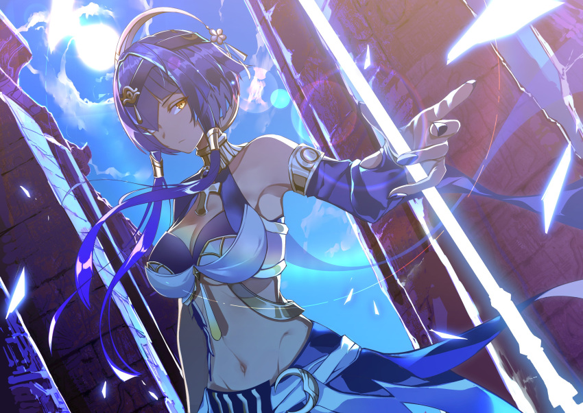 1girl absurdres ankh blue_hair breasts candace_(genshin_impact) cleavage dark-skinned_female dark_skin egyptian_clothes eye_of_horus genshin_impact gloves gold_choker gold_trim hair_ornament heterochromia highres jewelry large_breasts looking_at_viewer midriff navel neck_ring outdoors sas_(ls08b) short_hair_with_long_locks sky solo standing stomach sun sunlight weapon yellow_eyes